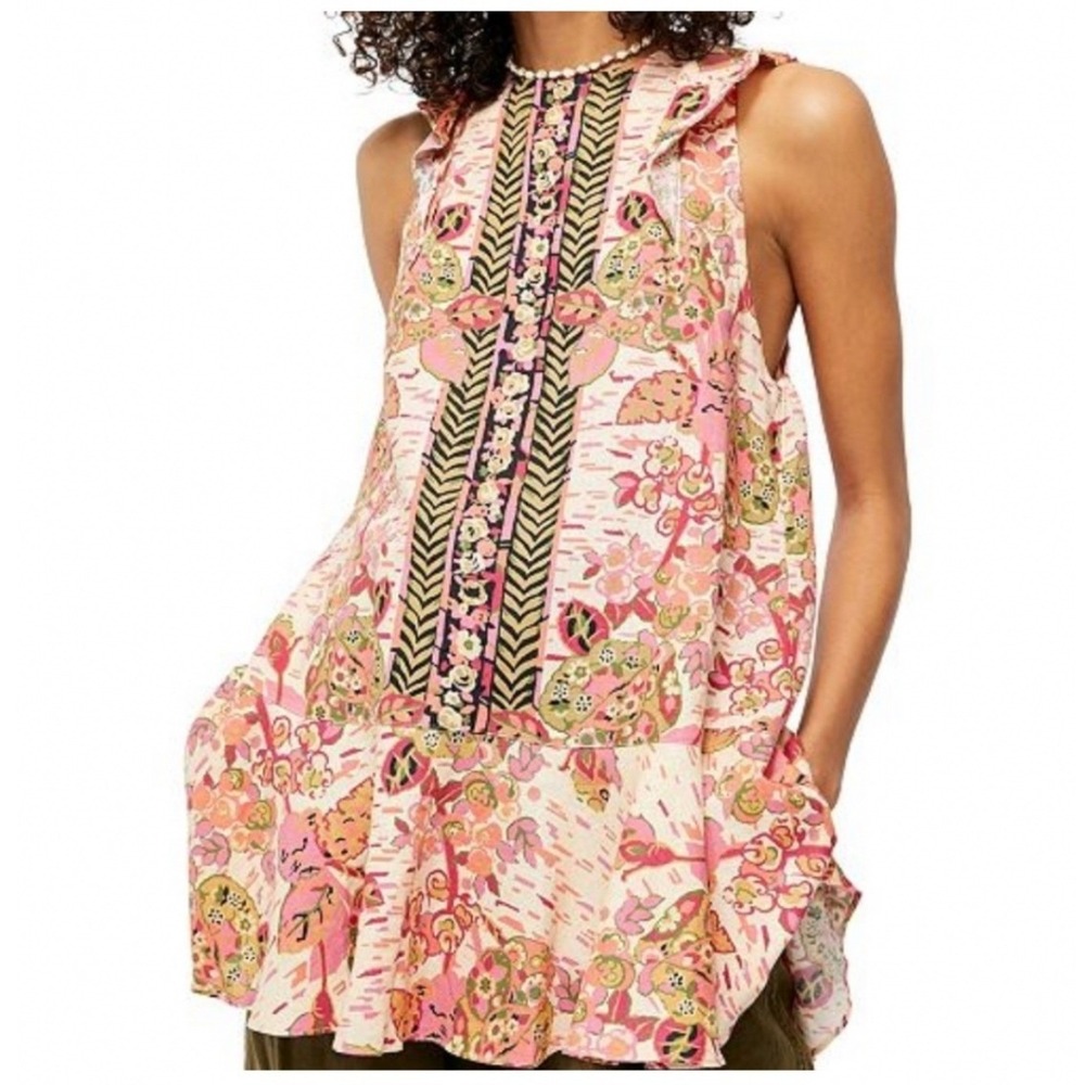 Free People Summer In Tulum Tunic Large Pink Boho Linen Summer Peplum Ruffle - Picture 2 of 8